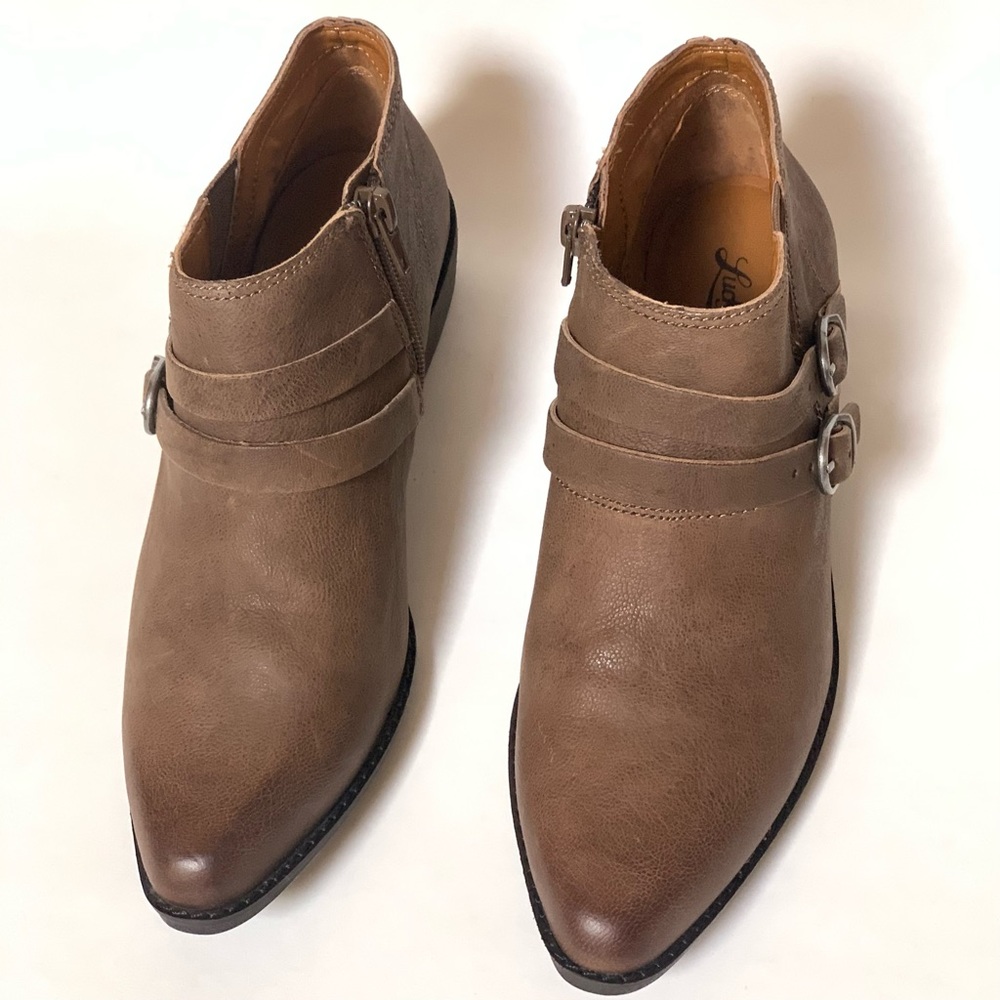 New Lucky Brand LK-JOFEEN Dk Earth Leather Wedge Booties, size 6.5